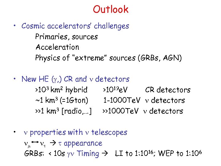 Outlook • Cosmic accelerators’ challenges Primaries, sources Acceleration Physics of “extreme” sources (GRBs, AGN)