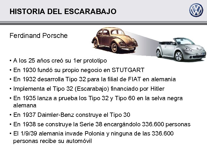 HISTORIA DEL ESCARABAJO Ferdinand Porsche • A los 25 años creó su 1 er