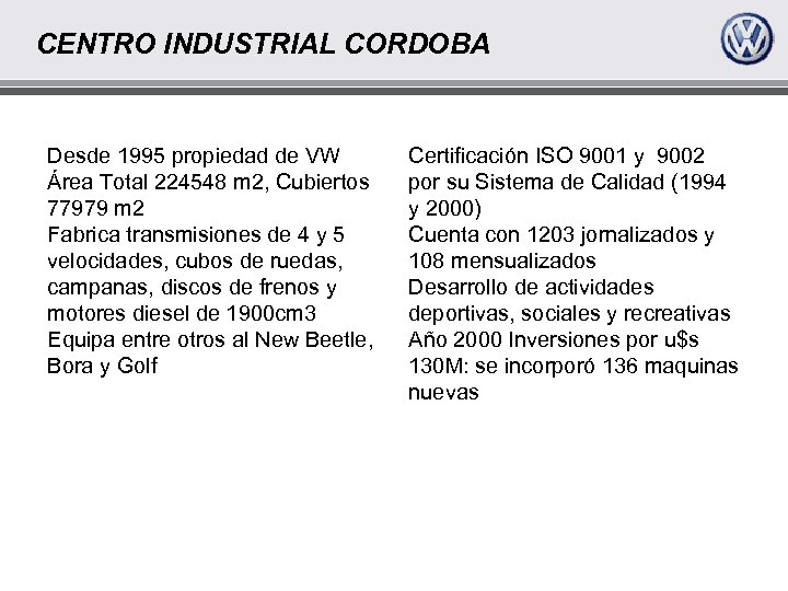 CENTRO INDUSTRIAL CORDOBA Desde 1995 propiedad de VW Área Total 224548 m 2, Cubiertos