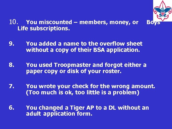 10. You miscounted – members, money, or Life subscriptions. Boys’ 9. You added a