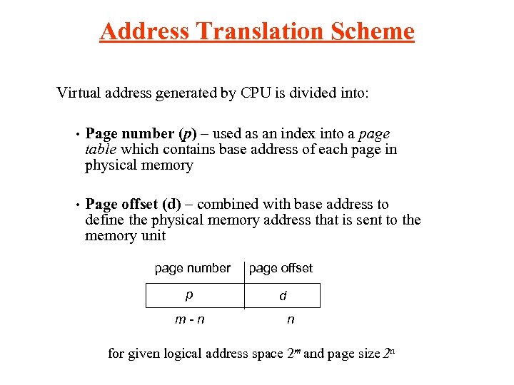 Address Translation Scheme Virtual address generated by CPU is divided into: • Page number