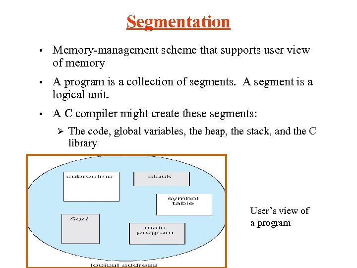 Segmentation • Memory-management scheme that supports user view of memory • A program is