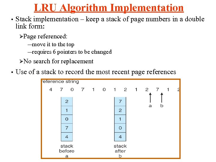 LRU Algorithm Implementation • Stack implementation – keep a stack of page numbers in
