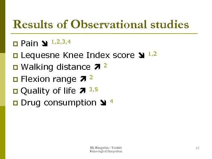 Results of Observational studies Pain 1, 2, 3, 4 p Lequesne Knee Index score