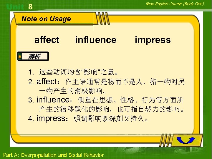 New English Course (Book One) 8 Note on Usage affect influence impress 辨析 1.