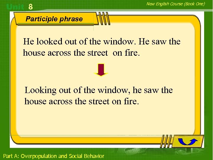 8 New English Course (Book One) Participle phrase He looked out of the window.