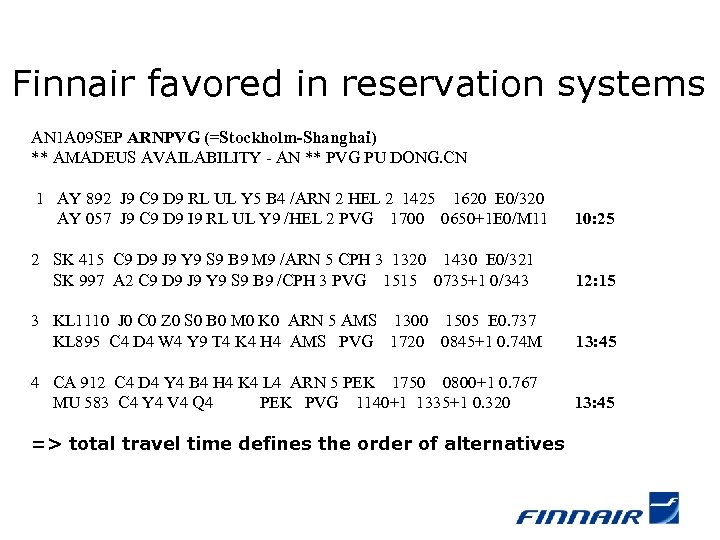 Finnair favored in reservation systems AN 1 A 09 SEP ARNPVG (=Stockholm-Shanghai) ** AMADEUS