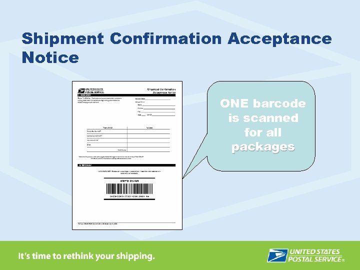 Shipment Confirmation Acceptance Notice ONE barcode is scanned for all packages 