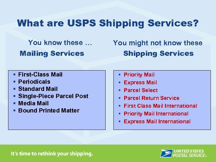 What are USPS Shipping Services? You know these … Mailing Services § § §