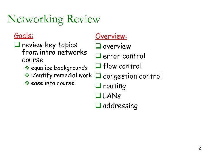 Networking Review Goals: q review key topics from intro networks course Overview: q overview