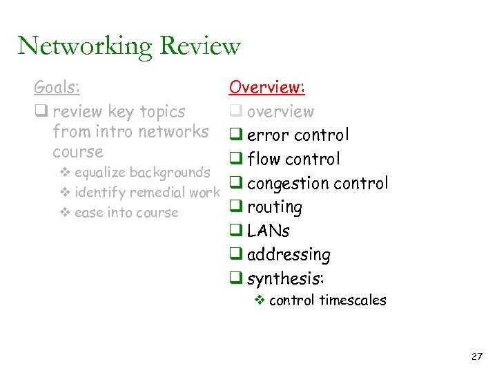 Networking Review Goals: q review key topics from intro networks course Overview: q overview