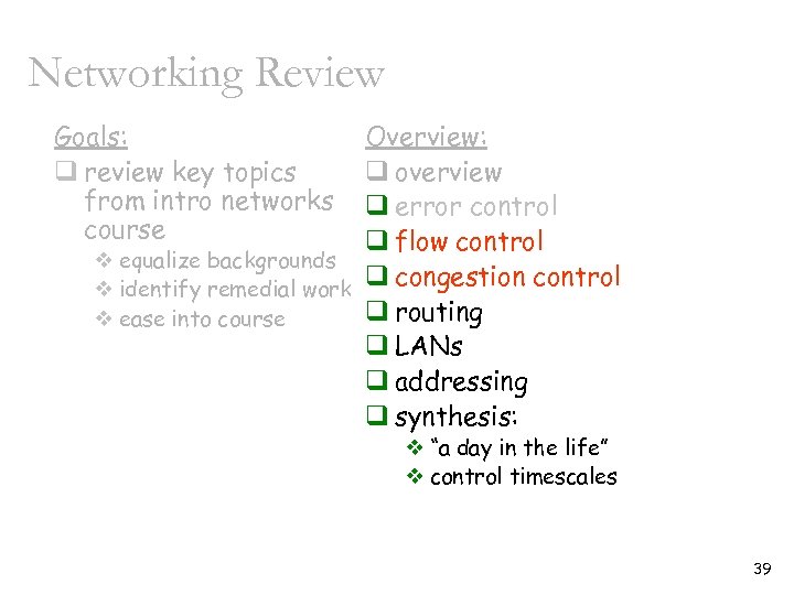 Networking Review Goals: q review key topics from intro networks course Overview: q overview