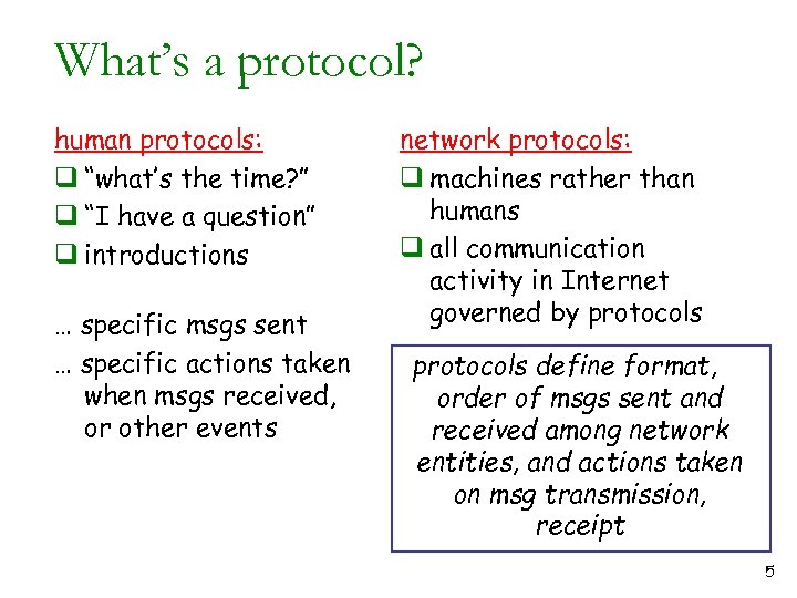 What’s a protocol? human protocols: q “what’s the time? ” q “I have a