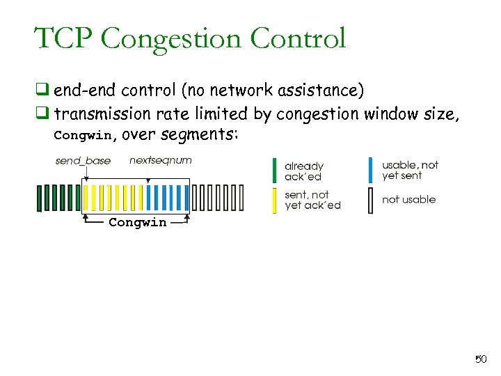 TCP Congestion Control q end-end control (no network assistance) q transmission rate limited by