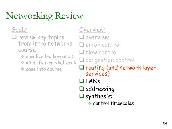 Networking Review Goals: q review key topics from intro networks course Overview: q overview