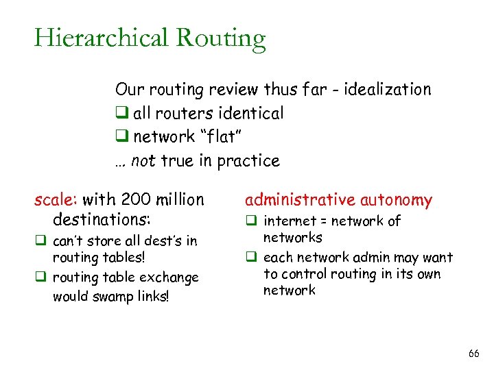 Hierarchical Routing Our routing review thus far - idealization q all routers identical q