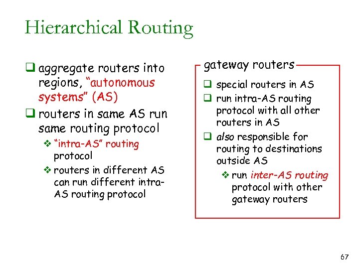 Hierarchical Routing q aggregate routers into regions, “autonomous systems” (AS) q routers in same