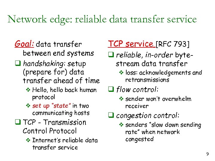 Network edge: reliable data transfer service Goal: data transfer between end systems q handshaking: