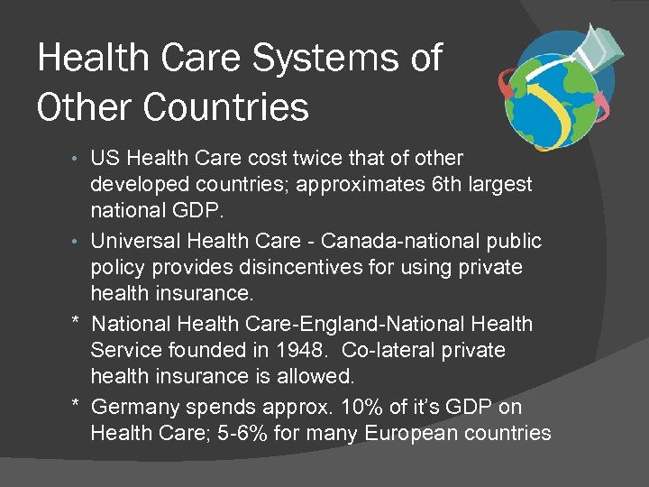 Health Care Systems of Other Countries • US Health Care cost twice that of