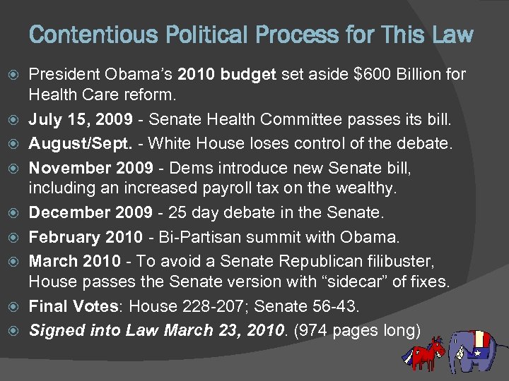 Contentious Political Process for This Law President Obama’s 2010 budget set aside $600 Billion
