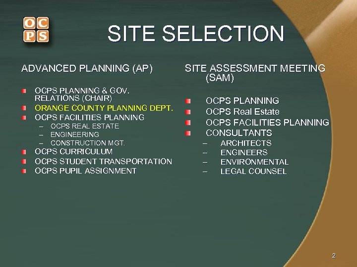 SITE SELECTION ADVANCED PLANNING (AP) OCPS PLANNING & GOV. RELATIONS (CHAIR) ORANGE COUNTY PLANNING