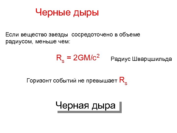 Черные дыры Если вещество звезды сосредоточено в объеме радиусом, меньше чем: Rs = 2