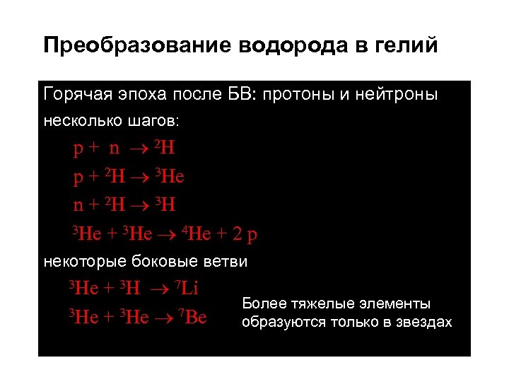 Преобразование водорода в гелий Горячая эпоха после БВ: протоны и нейтроны несколько шагов: p