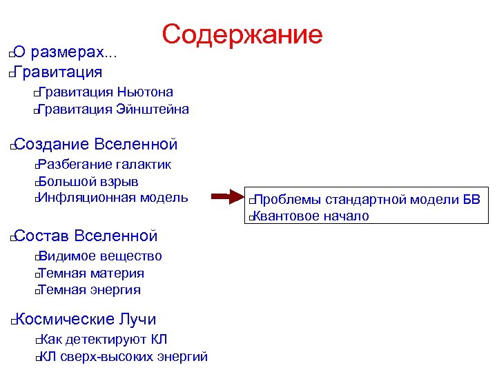 О размерах. . . Гравитация Содержание Гравитация Ньютона Гравитация Эйнштейна Создание Вселенной Разбегание галактик