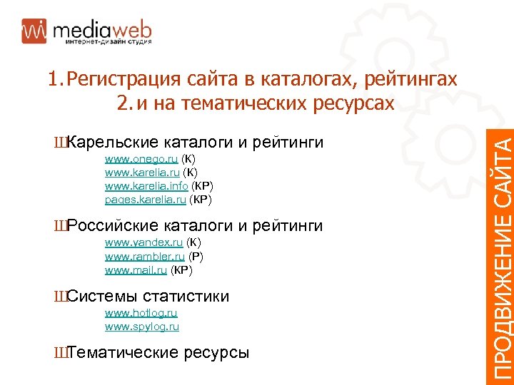Ш Карельские каталоги и рейтинги www. onego. ru (К) www. karelia. info (КР) pages.