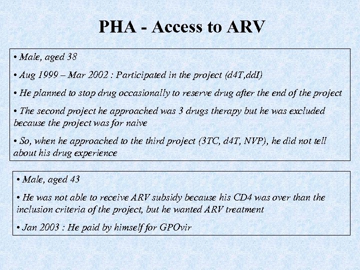 PHA - Access to ARV • Male, aged 38 • Aug 1999 – Mar