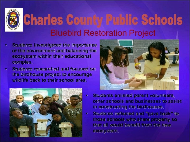 Bluebird Restoration Project • • Students investigated the importance of the environment and balancing