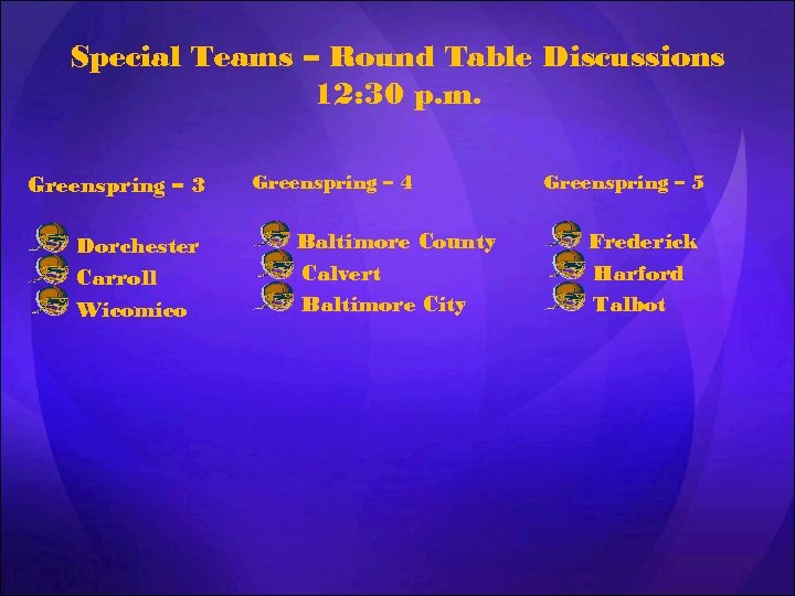 Special Teams – Round Table Discussions 12: 30 p. m. Greenspring – 3 Dorchester