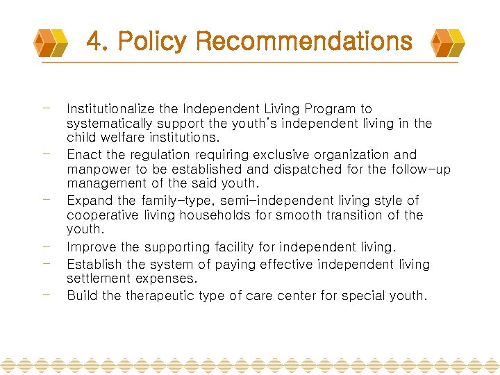 4. Policy Recommendations - Institutionalize the Independent Living Program to systematically support the youth’s