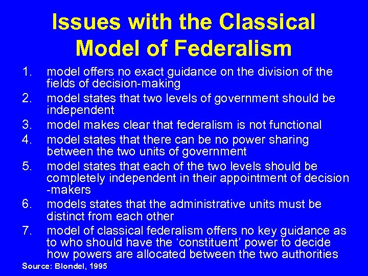 Issues with the Classical Model of Federalism 1. 2. 3. 4. 5. 6. 7.