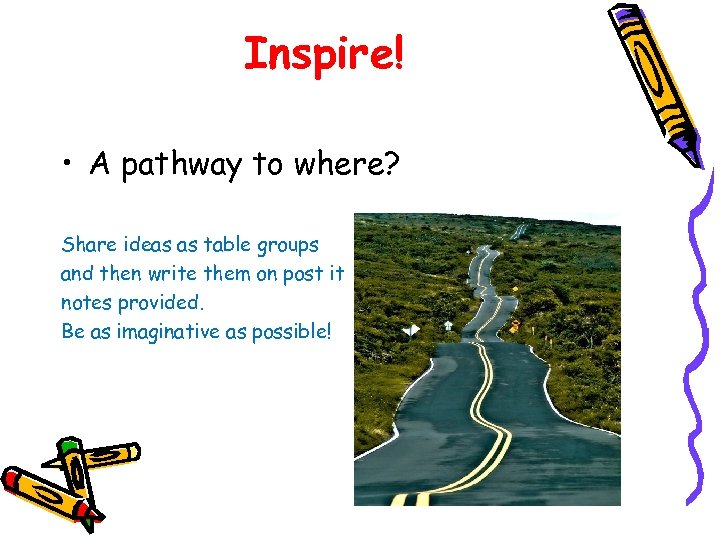 Inspire! • A pathway to where? Share ideas as table groups and then write