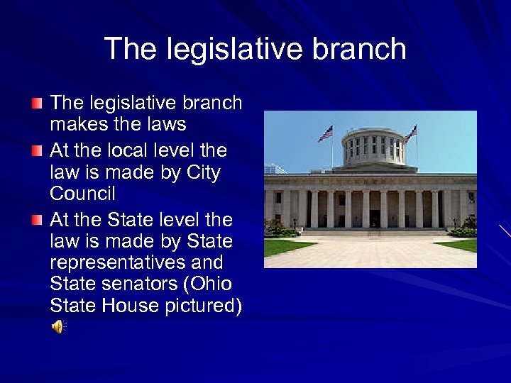 The legislative branch makes the laws At the local level the law is made