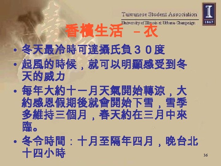 香檳生活 – 衣 • 冬天最冷時可達攝氏負３０度 • 起風的時候，就可以明顯感受到冬 天的威力 • 每年大約十一月天氣開始轉涼，大 約感恩假期後就會開始下雪，雪季 多維持三個月，春天約在三月中來 臨。 •