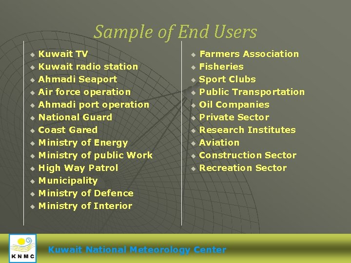 Sample of End Users u u u u Kuwait TV Kuwait radio station Ahmadi