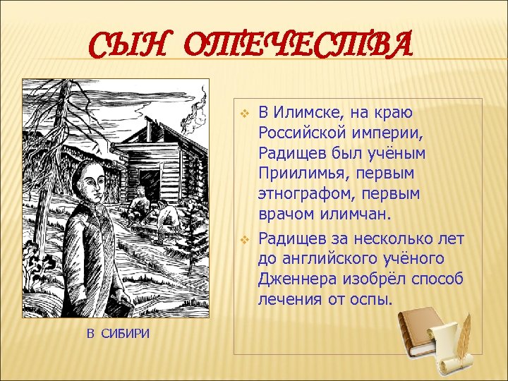 СЫН ОТЕЧЕСТВА v v В СИБИРИ В Илимске, на краю Российской империи, Радищев был