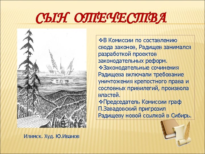 СЫН ОТЕЧЕСТВА v. В Комиссии по составлению свода законов, Радищев занимался разработкой проектов законодательных