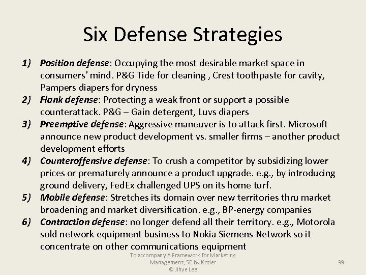 Six Defense Strategies 1) Position defense: Occupying the most desirable market space in consumers’