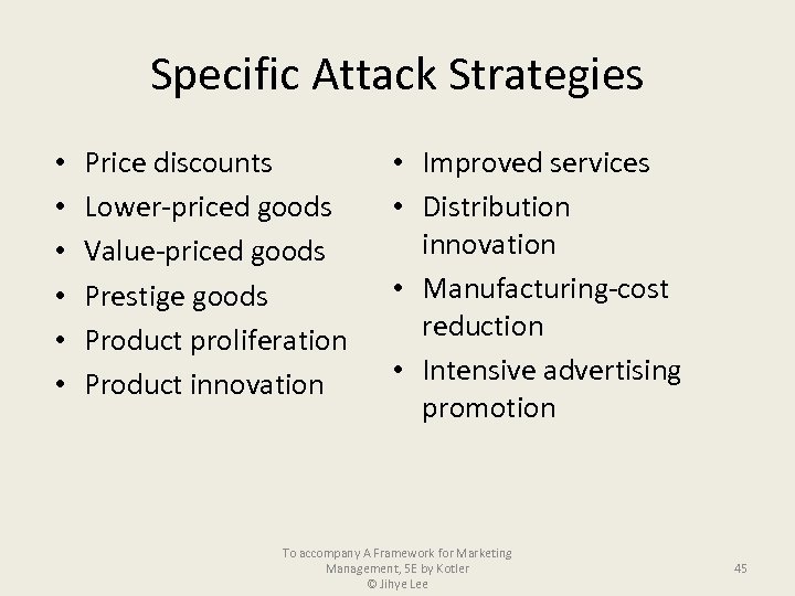 Specific Attack Strategies • • • Price discounts Lower-priced goods Value-priced goods Prestige goods