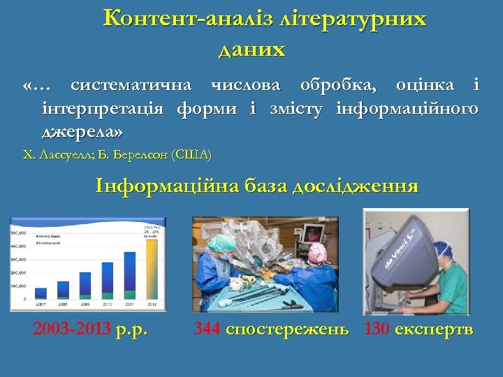 Контент-аналіз літературних даних «… систематична числова обробка, оцінка і інтерпретація форми і змісту інформаційного