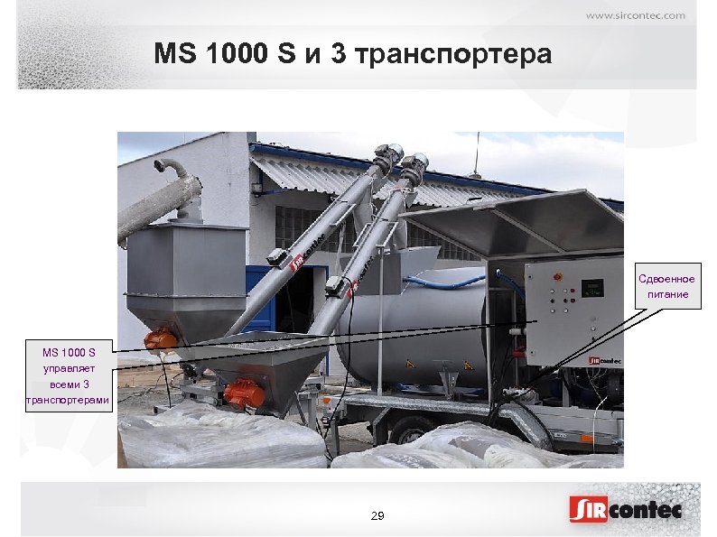 MS 1000 S и 3 транспортера Сдвоенное питание MS 1000 S управляет всеми 3