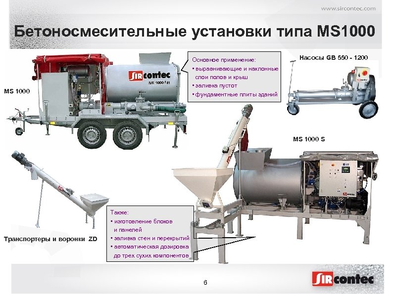 Бетоносмесительные установки типа MS 1000 Основное применение: • выравнивающие и наклонные слои полов и