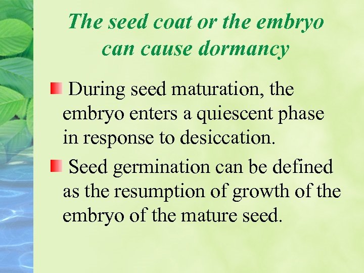 The seed coat or the embryo can cause dormancy During seed maturation, the embryo