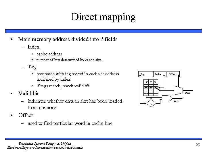 Direct mapping • Main memory address divided into 2 fields – Index • cache