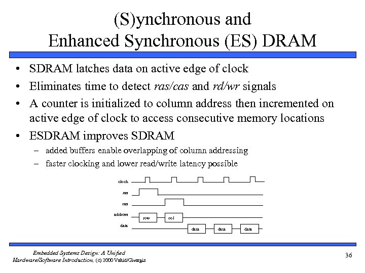 (S)ynchronous and Enhanced Synchronous (ES) DRAM • SDRAM latches data on active edge of