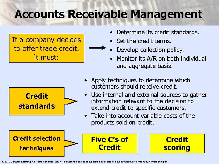 Accounts Receivable Management If a company decides to offer trade credit, it must: Credit