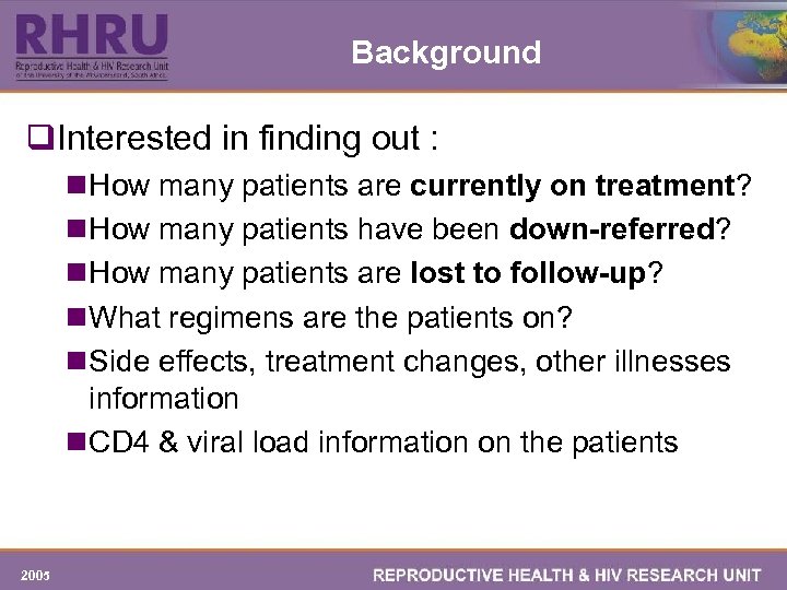 Background q. Interested in finding out : n How many patients are currently on